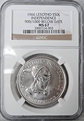 1966 LESOTHO, 50 LICENTE, MS 67 NGC, 900/1000  BELOW DATE , TOP POP