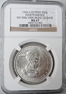 1966 LESOTHO, 50 LICENTE, MS 67 NGC, SMALL 900/1000 RIGHT OF DATE