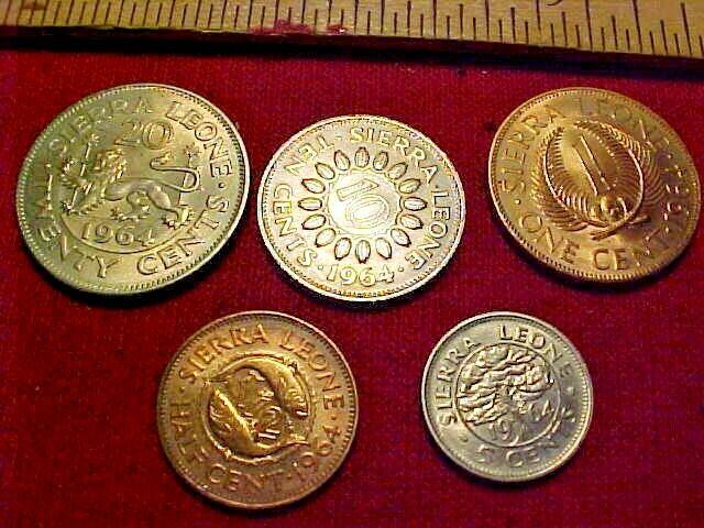Five 1964 Sierra Leone coins, 20,10,5,1 and half cent