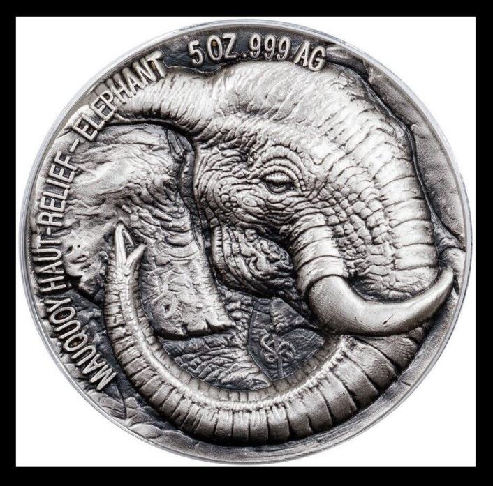 2017 Ivory Coast Mauquoy Haute Big Five Elephant HR 5oz Silver Antiqued
