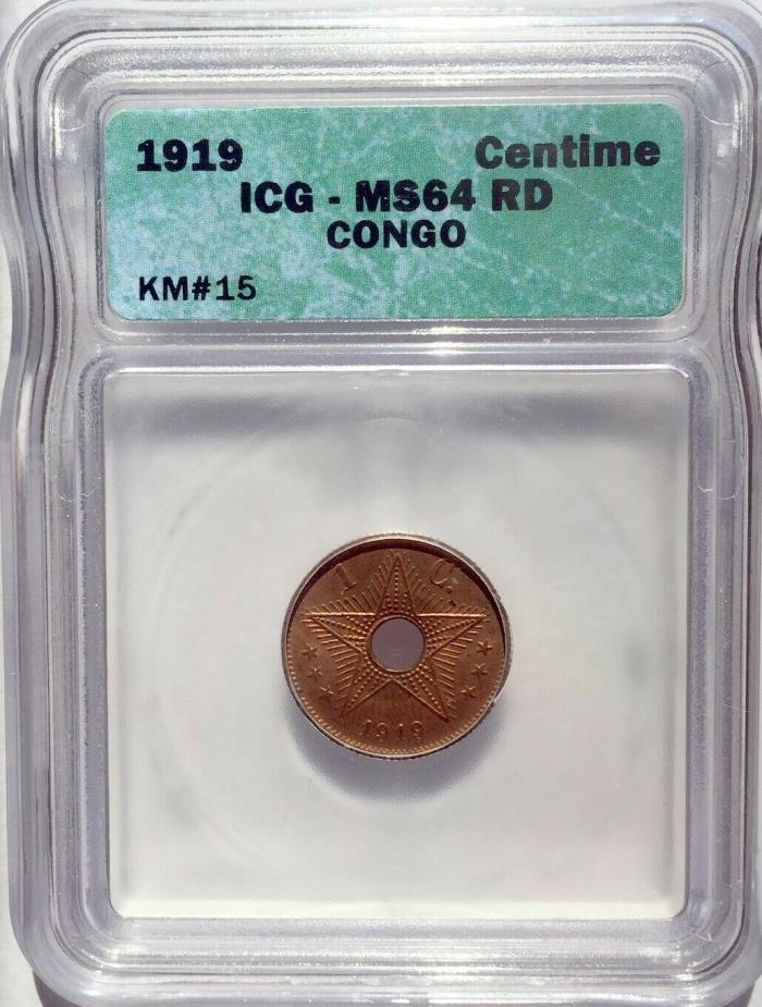 1919 BELGIAN CONGO 1 Centime MS64 RED ICG