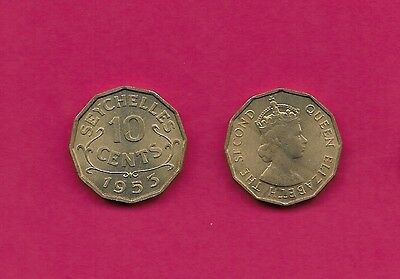 SEYCHELLES BRITISH CROWN COLONY 10 CENTS 1953 UNC CROWNED HEAD RIGHT,ELIZABETH I