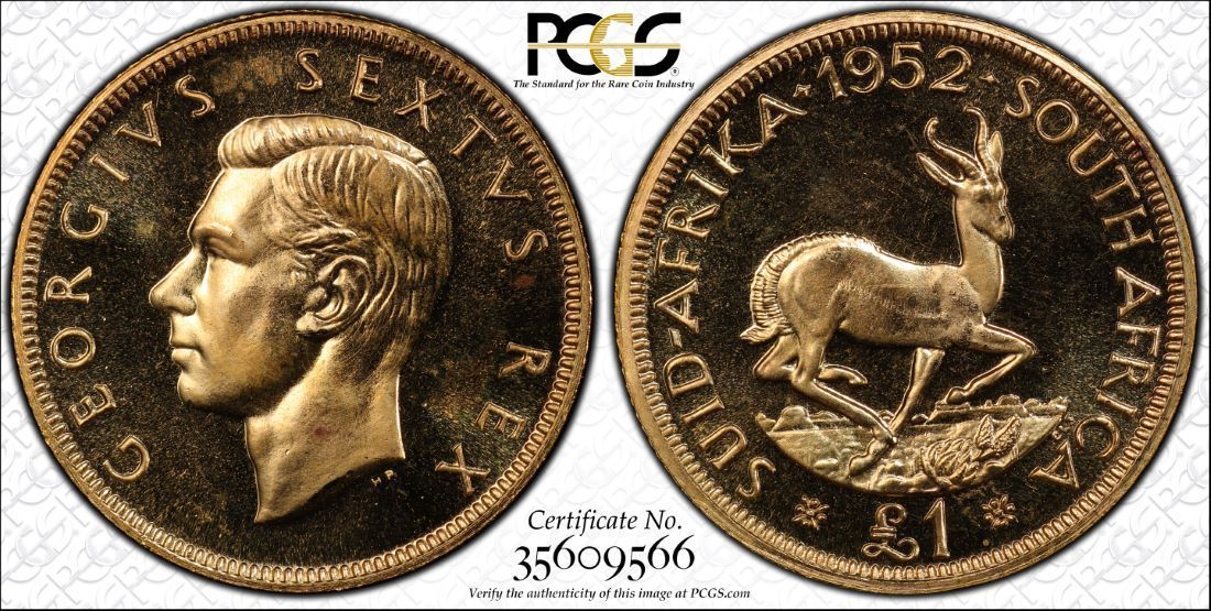 South Africa, 1952 George VI Gold Pound, Pond. PCGS PR 66. 12,000 Mintage.