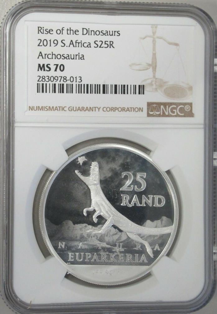2019 South Africa Silver 25 Rand NGC MS70 Rise Of The Dinosaurs, Archosauria