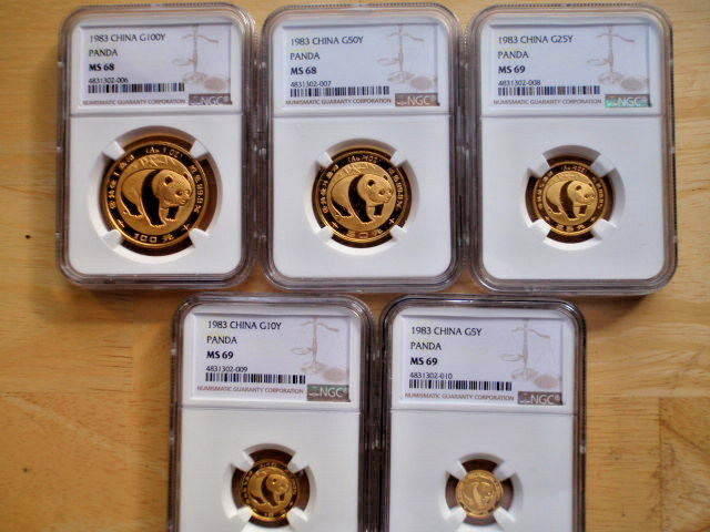 1983 China Panda 1oz 1/2oz 1/4oz 1/10oz 1/20oz 5 coin Gold set NGC MS68/MS69