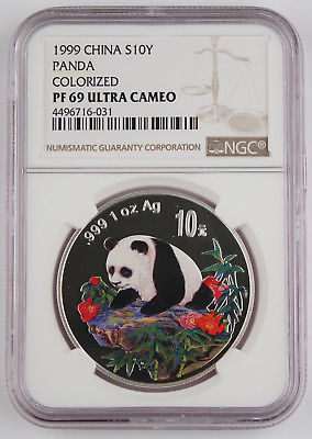 CHINA 1999 Panda 10 Yuan 1 Oz Silver Proof Colorized Coin NGC PF69 Ultra Cameo