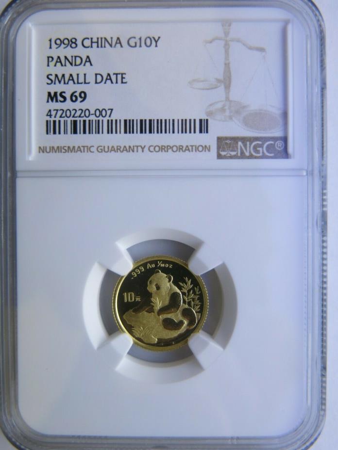 1998 1/10 oz China gold panda NGC MS69 Small Date 10 yuan Chinese Coin