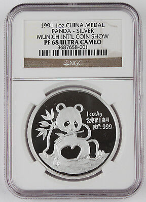 1991 China Munich Intl Coin Expo 1 Oz Silver Panda Proof Medal Coin NGC PF68 UC