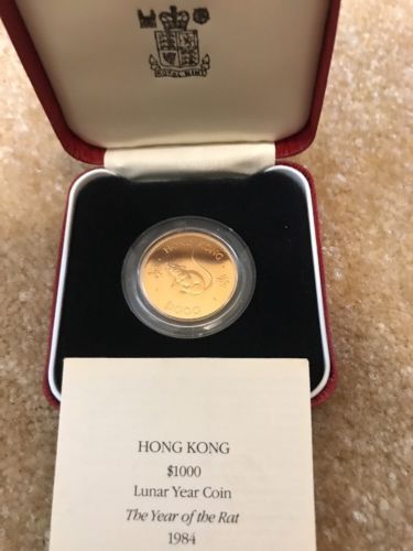 1984 Hong Kong Gold Coin $1000 Lunar Rat 0.4708 Oz COA Box 20000 Mintage
