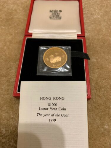 1979 Hong Kong Gold Coin $1000 PROOF Lunar Goat 0.4708 Oz COA Box 10000 Mintage