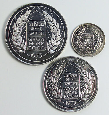 INDIA 50 Paise + 10 Rupees + 20 Rupees 1973 GROW MORE FOOD - F.A.O 52.50g Silver