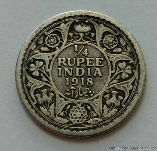 1918 India 1/4 Rupee .917 Silver Coin