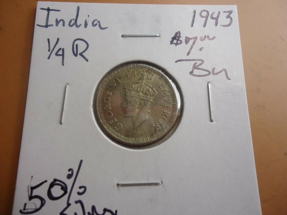 1943 India 1/4 rupee silver coin # 2689