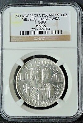 POLAND 1966 MW , PROBA , 100 ZLOTYCH  NGC MS 65   MIESZKO I DABROWKA