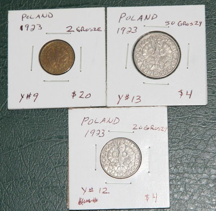 Poland 2, 20,  & 50 Groszy 1923  Y#9 Y#12 Y#13