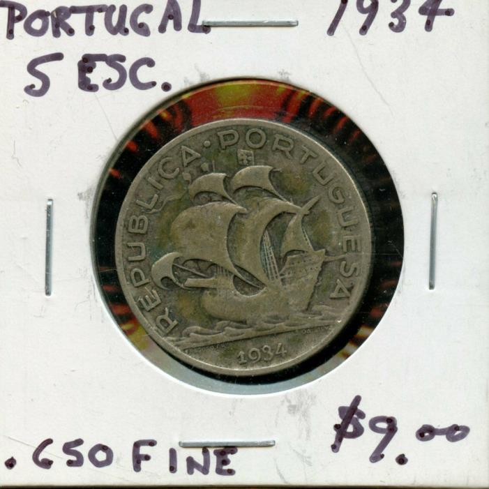 1934 SILVER PORTUGAL 5 ESCUDOS COIN FA397