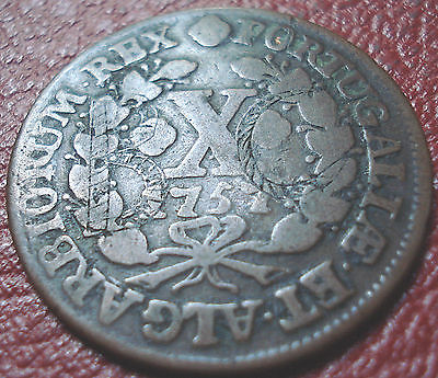 1757 PORTUGAL 10 REIS WITH UNUSUAL 'BC' COUNTERSTAMP IN VG CONDITION
