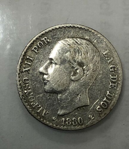 1880 Spain 50 Cent Fifty Centivos Silver Coin Espana Spanish