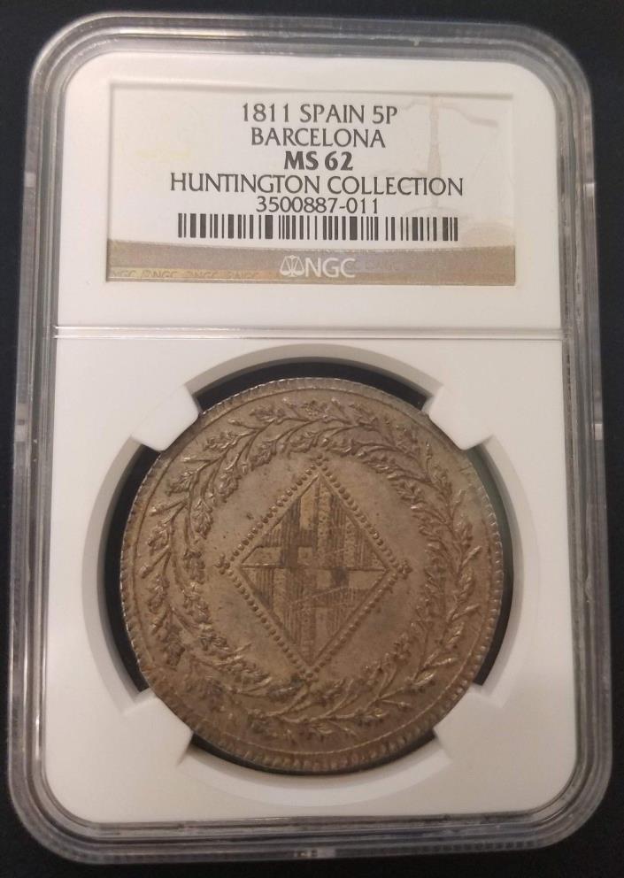 1811 Spain 5P Barcelona 5 Pesetas Silver Coin NGC MS62 Huntington Collection