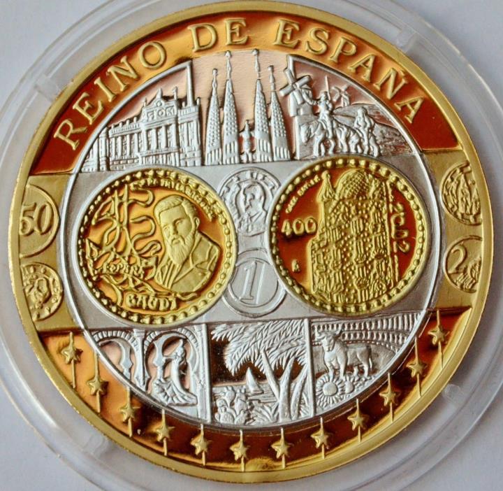 Spain, United Europe coin, intro of Euro currency 1999 Silver Gold Plated