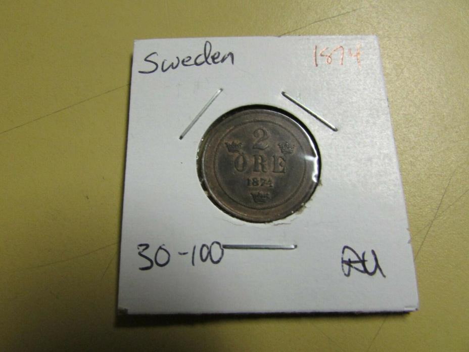 1874 Sweden  2 ore XF-AU Some Red