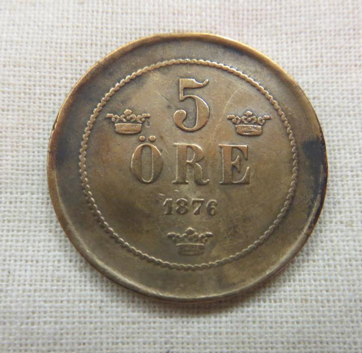 1876 Sweden COIN 5 Ore - Very Fine nice