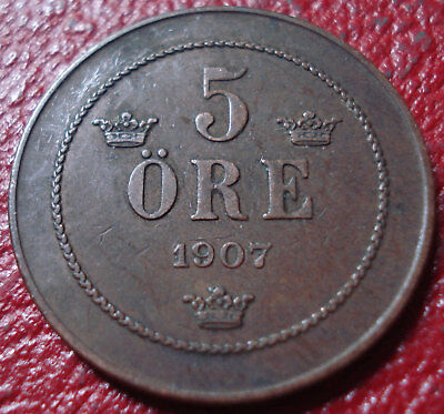 1907 SWEDEN 5 ORE IN VF-EF CONDITION