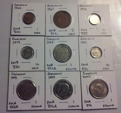 Sweden Coin Lot - (1962 to 2007) - 9 Different Carded Coins - (#CWC1680)