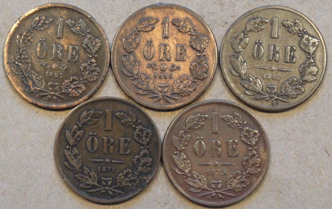 Sweden 1857,58,66,71,+73 1 ore Low-Mid Grade as Pictured