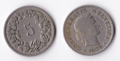 1906 Switzerland 5 rappen coin