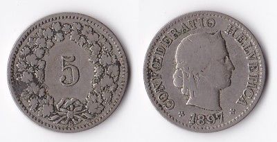 1897 Switzerland 5 rappen coin
