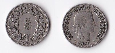 1908 Switzerland 5 rappen coin