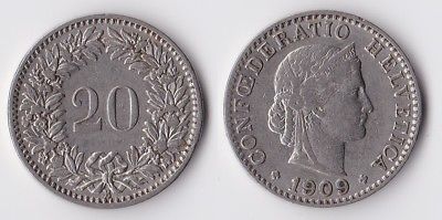1909 Switzerland 20 rappen coin