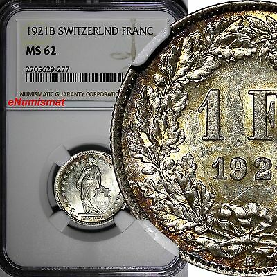 Switzerland Silver 1921-B 1 Franc NGC MS62 Helvetia Nice Toning KM# 24