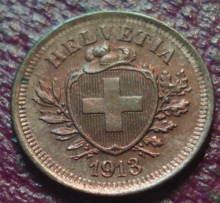 1913-B SWITZERLAND 1 RAPPEN IN AU CONDITION