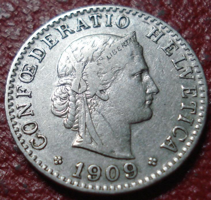 1909-B SWITZERLAND 20 RAPPEN IN FINE-VF CONDITION