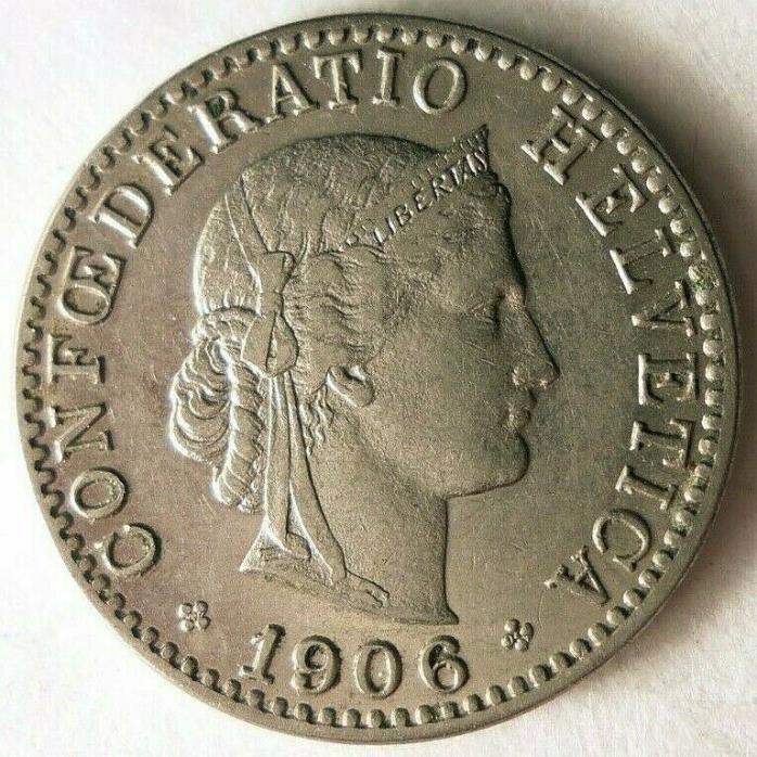 1906 SWITZERLAND 20 RAPPEN - AU - GREAT Coin - FREE SHIP - SWITZERLAND BIN #2