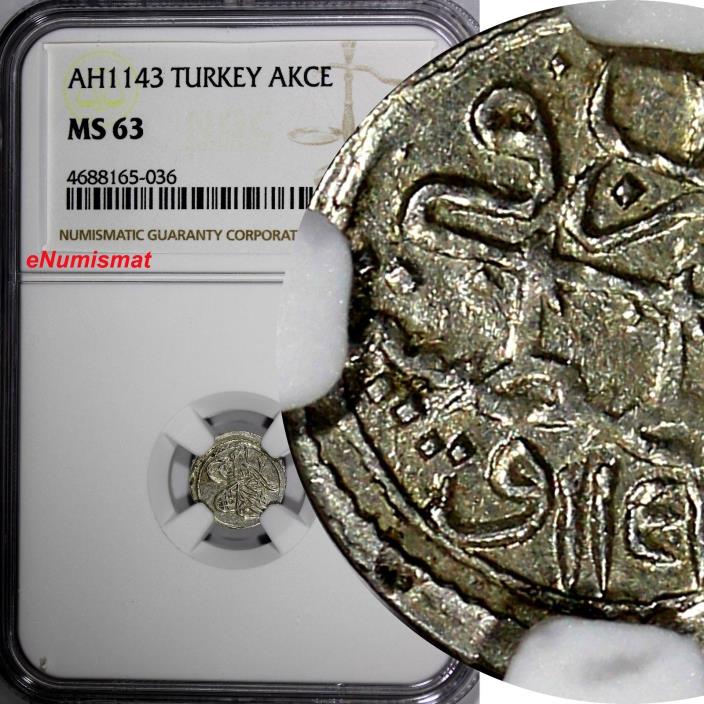 TURKEY Mahmud I (1730-1754) Silver AH1143 (1730) AKCE NGC MS63 TOP GRADED KM#190