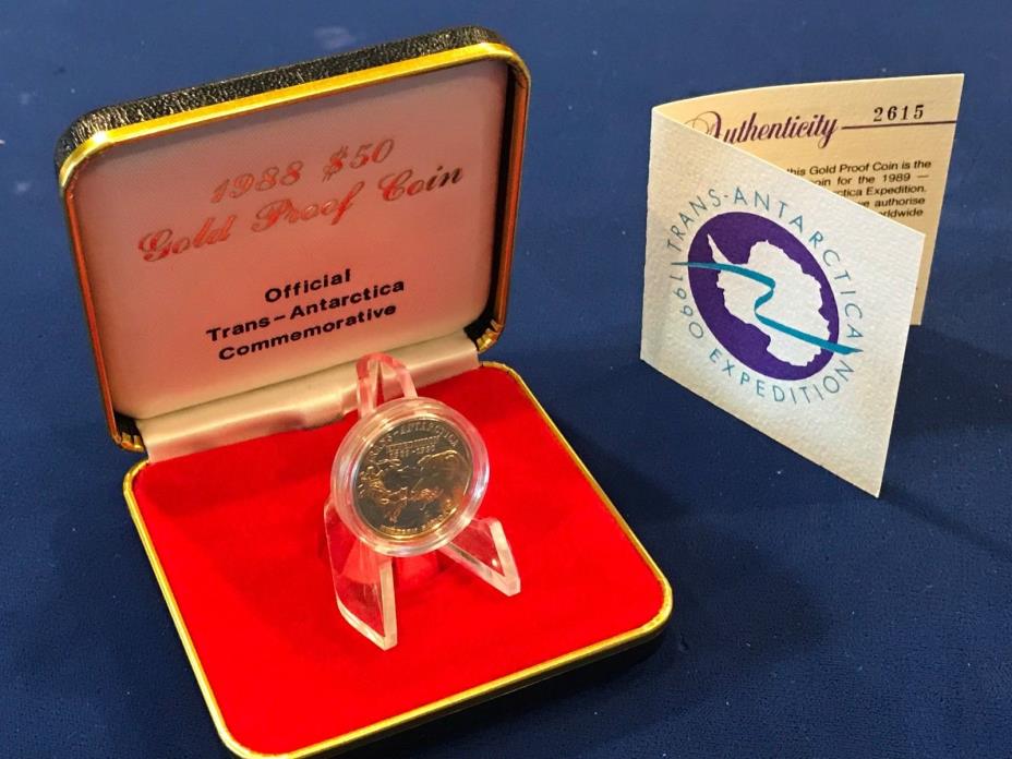 1988 Trans Antarctica Expedition $50 Gold Proof Coin - 1/4 oz with Box and COA