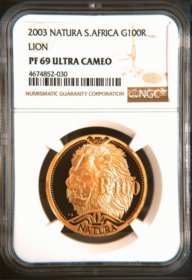 2003 S. AFRICA 1oz GOLD PROOF 100RAND NATURA LION NGC  PF69 ULTRA CAMEO