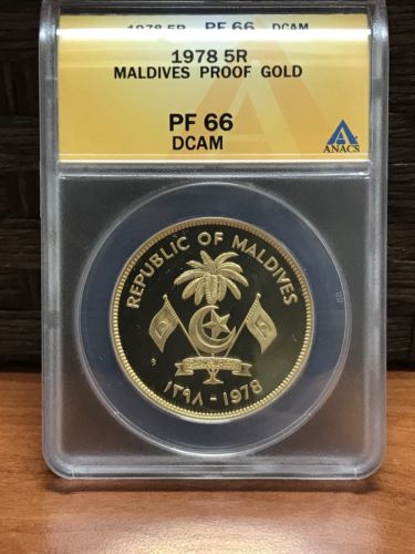 RARE 1978 MALDIVES 5 RUFIYAA Gold Coin PF 66  ANACS Certified
