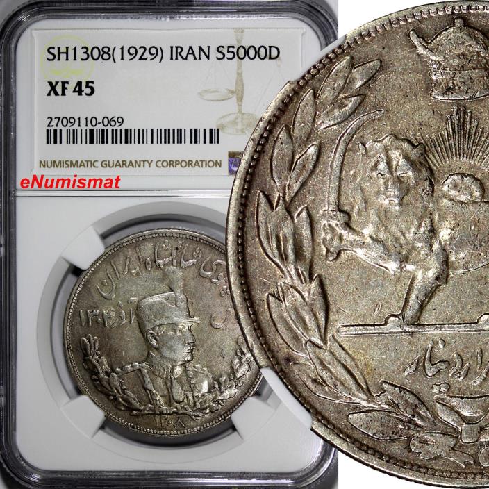 Reza Shah Silver SH1308(1929) 5000 Dinars NGC XF45 Mintage-584,000 KM# 1106