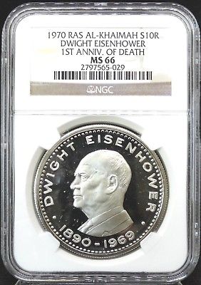 RAS-AL-KHAIMAH 1970  10 RIYALS  NGC MS 66  DWIGHT EISENHOWER 1ST ANNIV.OF DEATH