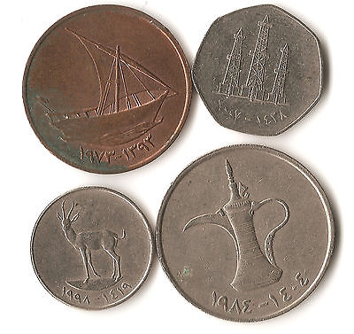 Four UAE coins, 10, 20, and 50 fils, 1 dirham, 1393 - 1428, United Arab Emirates