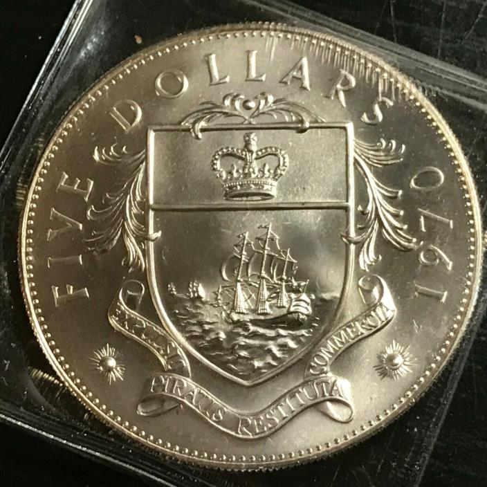 1970 BAHAMAS SILVER $5 DOLLARS COAT OF ARMS BRILLIANT UNCIRCULATED PROOF CROWN
