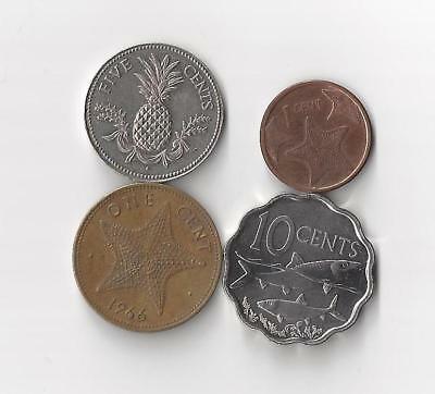 4 coins from The Bahamas,  1, 5, 10 cents, dated 1966- 2010, starfish, bonefish