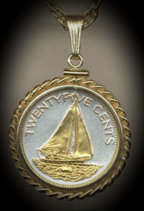 Gold on Silver Bahama Sail Boat Coin Jewelry Necklace in Gold Filled Rope Bezels