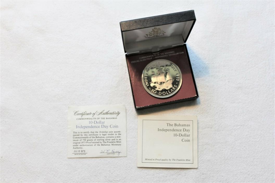 1973 Bahamas 10 Dollars Silver PROOF Coin Independence Day in Original Box & COA