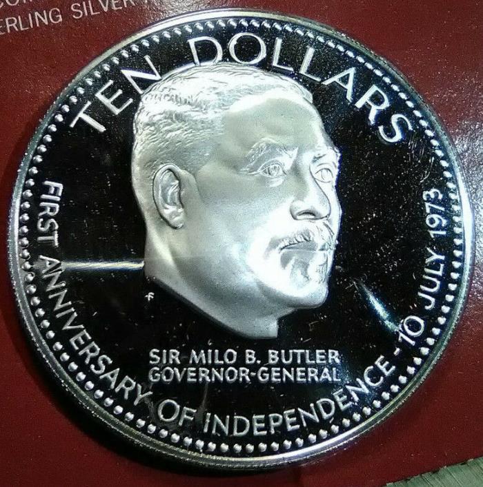 1974 Bahamas 10 Dollars Large Silver Coin $10 Bahama Islands Independence