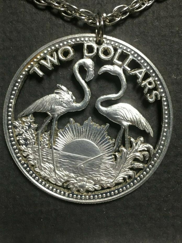 Bahamas Silver Cut Coin Pendant Flamingo's